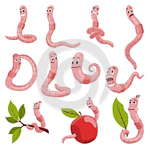 Funny worms collection. Soil crawlers with various emotion expressions. Set happy, amazement, pensive, upset applegrubs