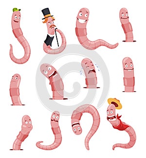 Funny worms collection. Soil crawlers with various emotion expressions. Set happy, amazement, pensive, upset applegrubs