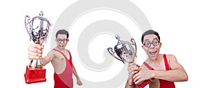 Funny wrestler with winners cup