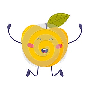 Funny Yellow Apple Character with Red Cheeks Jumping with Joy Vector Illustration