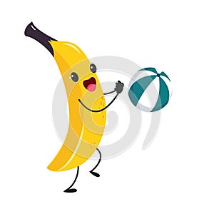 Funny Yellow Banana Character Playing Ball on Beach Having Fun on Summer Vacation Vector Illustration