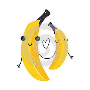 Funny Yellow Banana Fruit Character with Smiling Face Holding Hands Feeling Love Vector Illustration