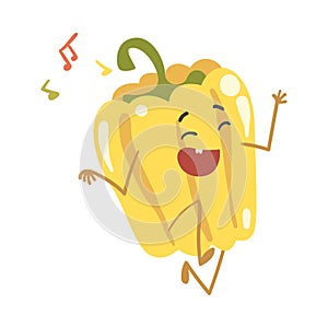 Funny Yellow Bell Pepper Character Dancing Moving Hand and Legs Vector Illustration
