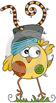 Funny yellow bird with a worm in the hat