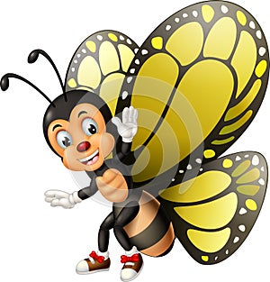 Funny Yellow Black Butterfly Wearing Brown Shoes Cartoon