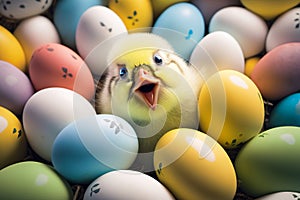 Funny yellow chick between colorful Easter eggs. Easter concept. Little chicken and dyed eggs.