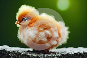 Funny yellow chicken hatching from egg sitting on straw on green background.