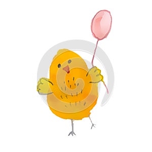 Funny yellow chicken with a red air balloon on a white background