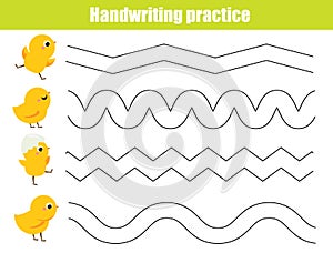 Funny yellow chickens. Handwriting practice sheet. Educational children game. Tracing lines for kids and toddlers