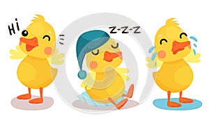 Funny Yellow Duckling Greeting, Sleeping and Crying Vector Set