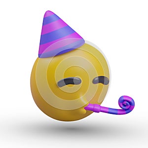 Funny yellow emoji. Emoticon with purple hat and penny whistle in mouth