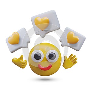 Funny yellow emoticon with big eyes and smile with flying messages with hearts