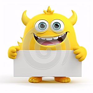 Funny yellow monster cartoon character holding sign isolated on transparent background