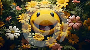 Funny yellow smiley emoji with flowers background