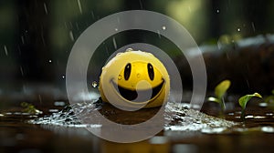 Funny yellow smiley emoji in the rain.