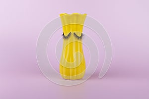 Funny yellow vase with eyes on a pink background