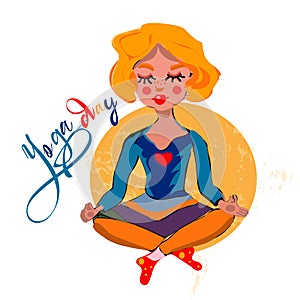 Funny yoga illustration in cute cartoon style. pretty girl makes meditation
