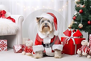 Funny Yorkshire Terrier dressed as Santa Claus costume sits on the floor in living room