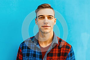 Funny young attractive man with a stylish hairstyle with a smile in a trendy t-shirt in a stylish checkered colorful shirt poses