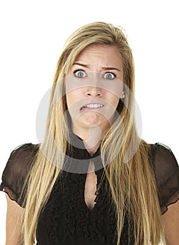 Funny Young Blonde Woman on White Background