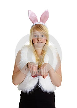 Funny young girl with a pink rabbit ears