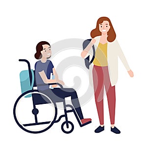 Funny young girl sitting in wheelchair talking to her friend or classmate. Teenager, female student or pupil with