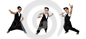 Funny young man dancing isolated on white