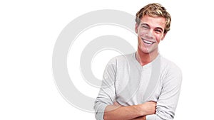 Funny young man laughing, goofy smile and comic joke on white studio background. Portrait of a handsome, comedy and