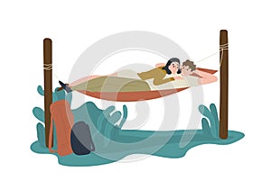 Funny young man and woman lying together in hummock. Happy cute boy and girl relaxing outdoors. Pair of tourists or