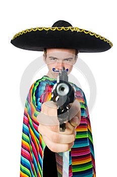 Funny young mexican with gun isolated on white