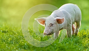Funny young pig is standing on the green grass. Happy piglet on the meadow