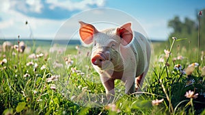 funny young pig is standing on the green grass. Happy piglet on the meadow with flowers. Nature farming background