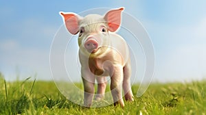 funny young pig is standing on the green grass. Happy piglet on the meadow. generative ai