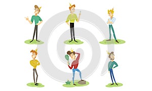 Funny Young Prince Character Standing in Different Poses Vector Illustrations