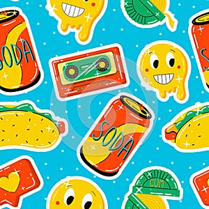 Funny youth culture retro stickers. A can of soda, a laughing smiley face, an audio tape, a hot dog. Vector seamless bright