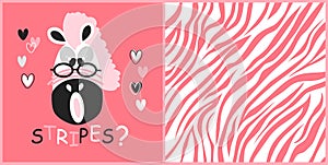 Funny zebra face vector and zebra seamless pattern in white, pink and gray colors.