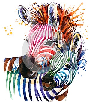 Funny zebra illustration with splash watercolor texture. rainbow background f