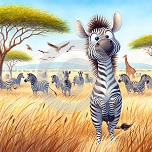 Funny zebra watercolor illustration. Children illustrations, invitation cards or other uses. AI generated