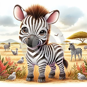 Funny zebra watercolor illustration. Children illustrations, invitation cards or other uses. AI generated