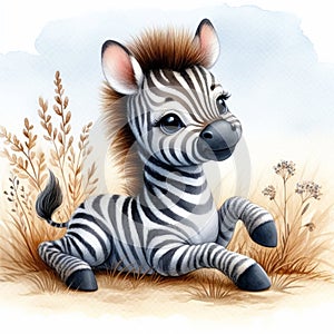 Funny zebra watercolor illustration. Children illustrations, invitation cards or other uses. AI generated