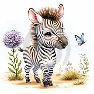 Funny zebra watercolor illustration. Children illustrations, invitation cards or other uses. AI generated