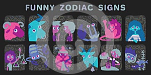 Funny zodiac signs. Set. Colorful vector illustration of all zodiac signs in hand-drawn sketch style isolated on dark