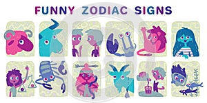 Funny zodiac signs. Set. Colorful vector illustration of all zodiac signs in hand-drawn sketch style isolated on white