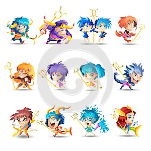 Funny zodiac signs. Set. Colorful vector illustration of all zodiac signs isolated on white background. Zodiacal cute