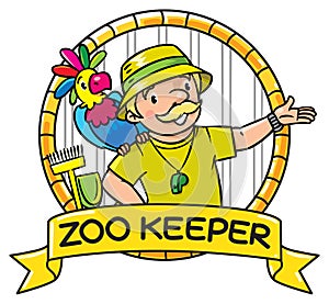 Funny zoo keeper with parrot. Emblem photo