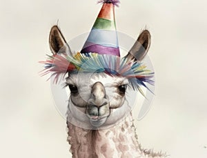 A funnylooking llama wearing a colorful sombrero and maracas. Cute creature. AI generation