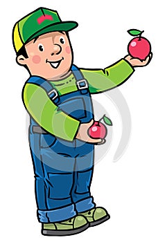 Funy farmer or gardener with apples