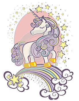 Funy unicorn on rainbow