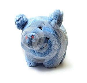 Fur blue pig toy for children isolated on white background