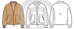 Fur Bomber Jacket technical fashion Illustration. Teddy Fur Jacket fashion flat technical drawing template, front zipper, pocket